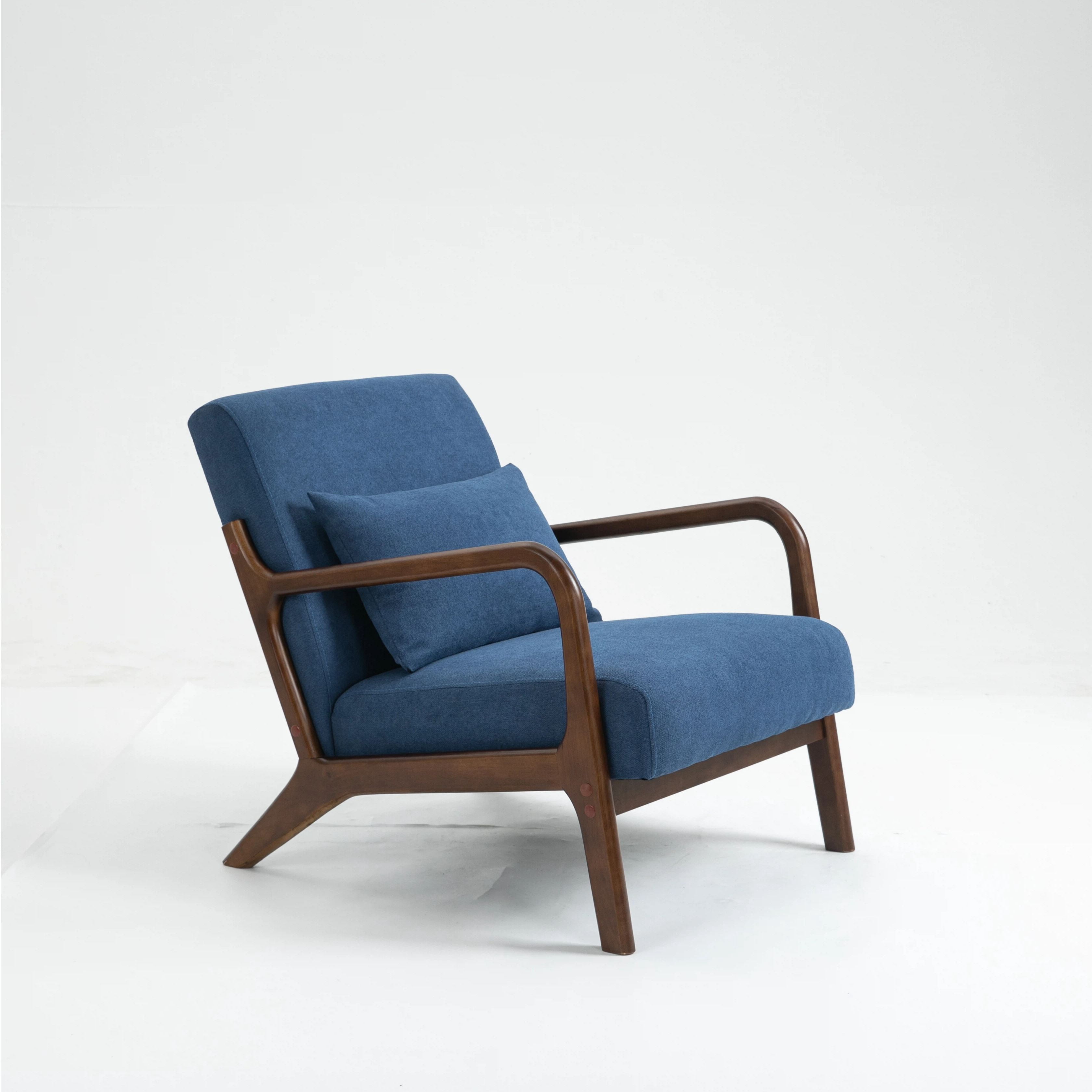Euroco Mid-Century Modern Accent Chair, Upholstered Armchair with A Pillow and Wood Legs,Comfy Reading Chair for Living Room Bedroom Office,Blue