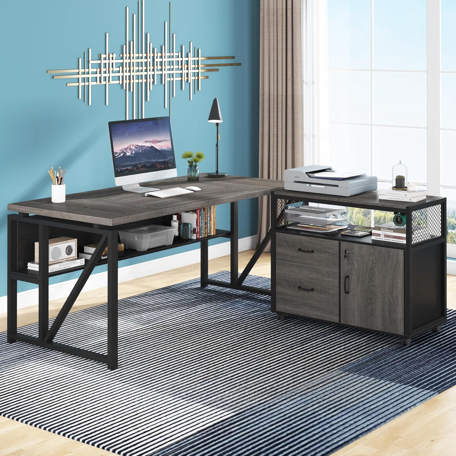 Tribesigns Home Office L Shape Executive Desk with Drawer Cabinet, Gray