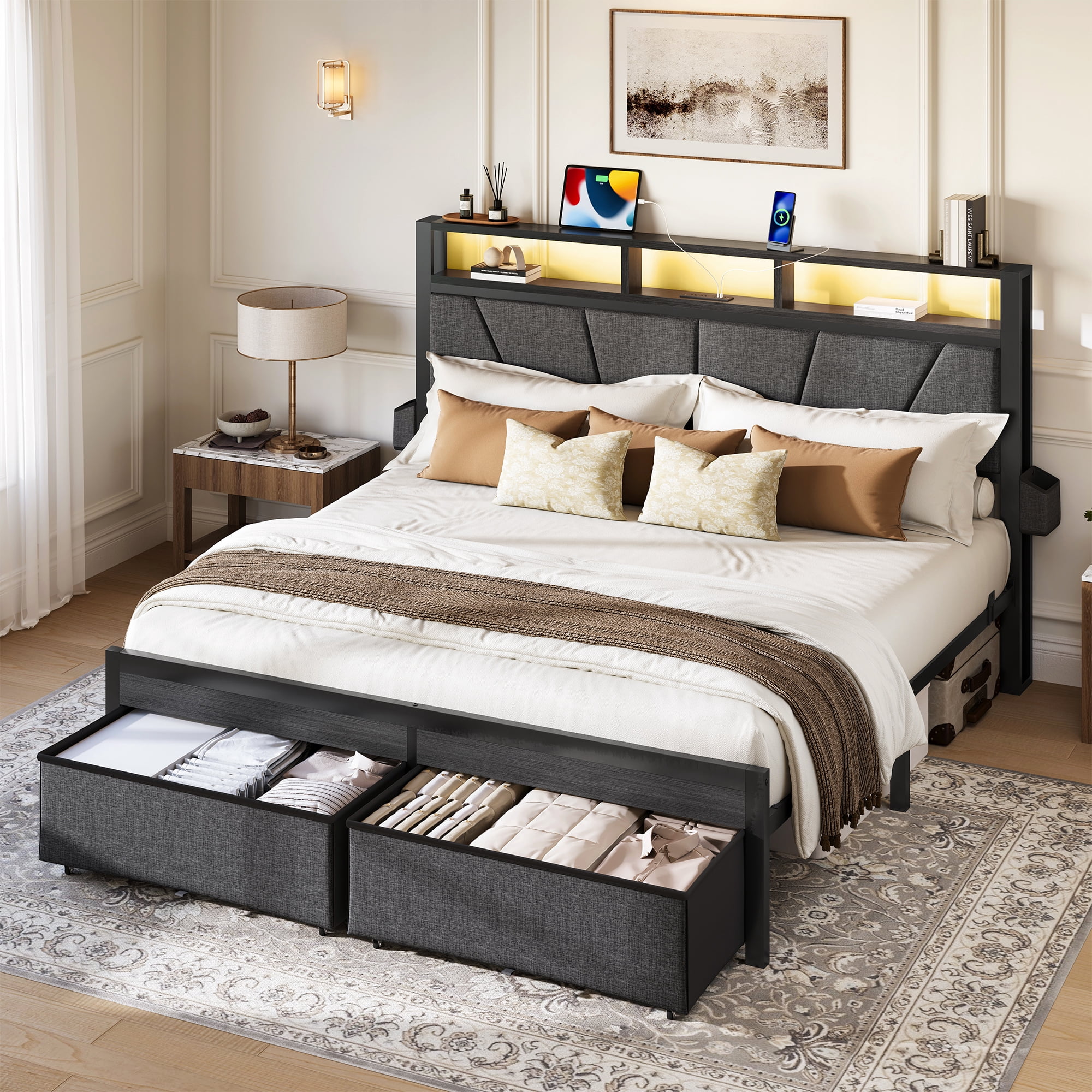 Full Size Bed Frame With Upholstered Headboard & Storage Drawers, Platform Bed With Led Lights & Charging Station, Black