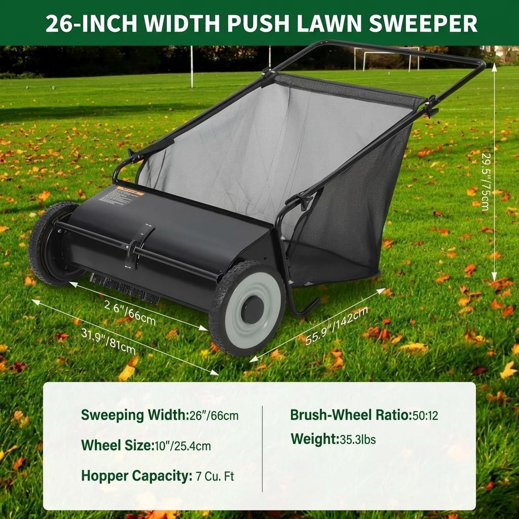 AIKKYS 26 Inch Heavy Duty Push Lawn Sweeper with 4 Spinning Brushes,Steel Frame 7 Cu. Ft. Leaf & Grass Collector,Adjustable Height,Black