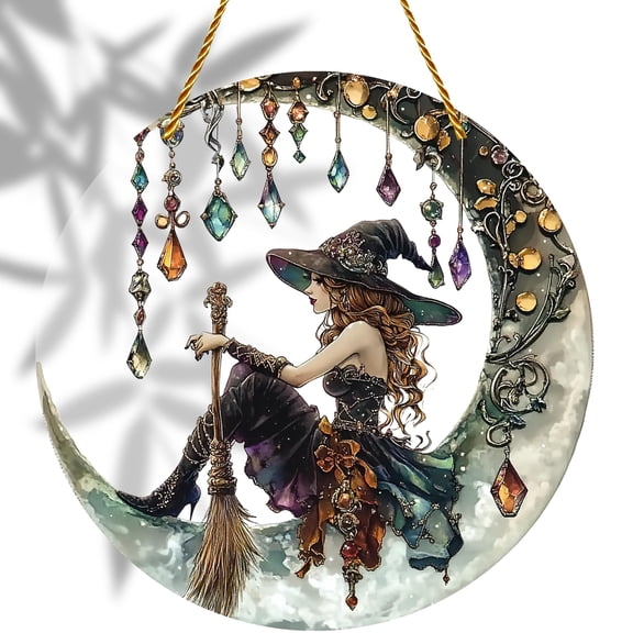 Moonlight Witch Stained Glass Suncatcher - 8x8 inch Halloween Witch Decor for Outdoor & Indoor, Halloween Decorations Outdoor Witches Wall Art