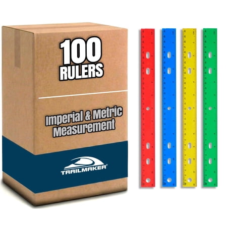 Trailmaker (100 Pack) Bulk Wholesale Plastic 12"L Metric Rulers in Red, Yellow, Blue and Green - 100 Count of Plastic 12"L Metric Rulers