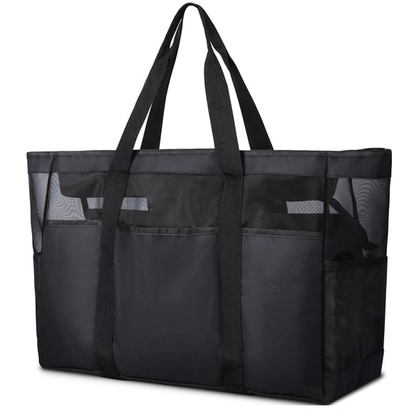 RAINSMORE Mesh Beach Bag for Women Large Foldable Beach Tote Bags Waterproof Tote Bag Hangbag with Tumbler Pockets Vacation Essentials, Black