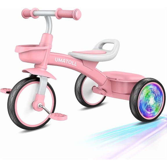 Tricycle for Girls,Bike Toys with Adjustable Seat&Light-Up Wheels,Birthday Gift