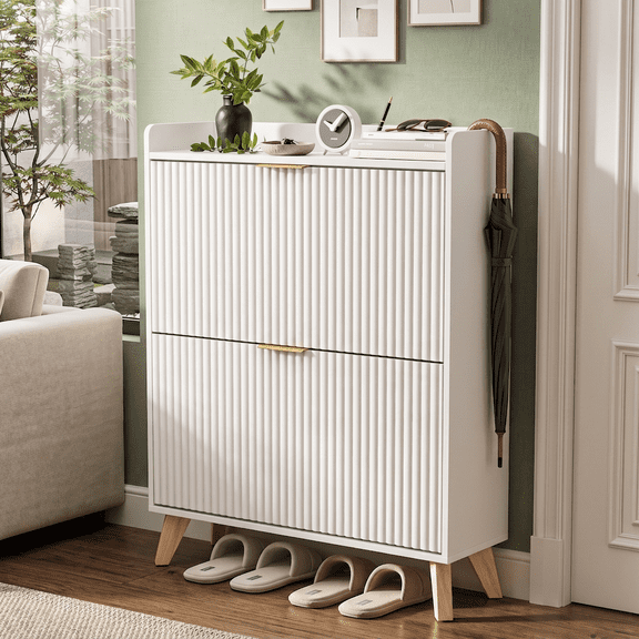DAMCROP Slim Shoe Storage Cabinet, 2 Flip Drawers, Wooden Organizer, White