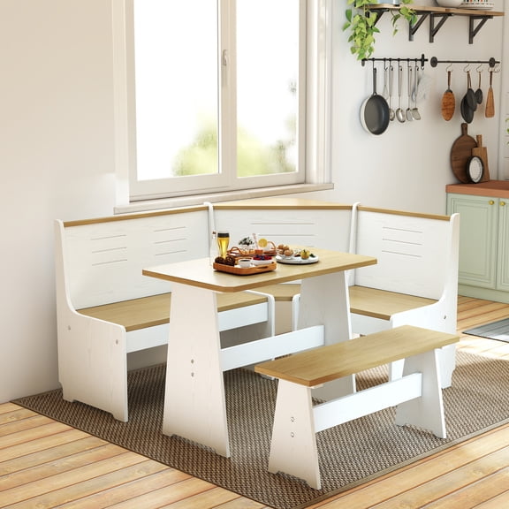 Koby Home Breakfast Nook Table Set, Corner Dining Table with L-Shape Bench Chairs, Farmhouse Kitchen Dining Nook White Wood