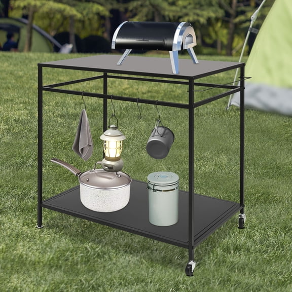 Outdoor Grill Cart Double-Shelf Movable Cooking Table, Outdoor Dining Cart with Storage and Spice Rack, Pizza Oven Cart Worktable Trolle for Kitchen or Backyard Patio Indoor