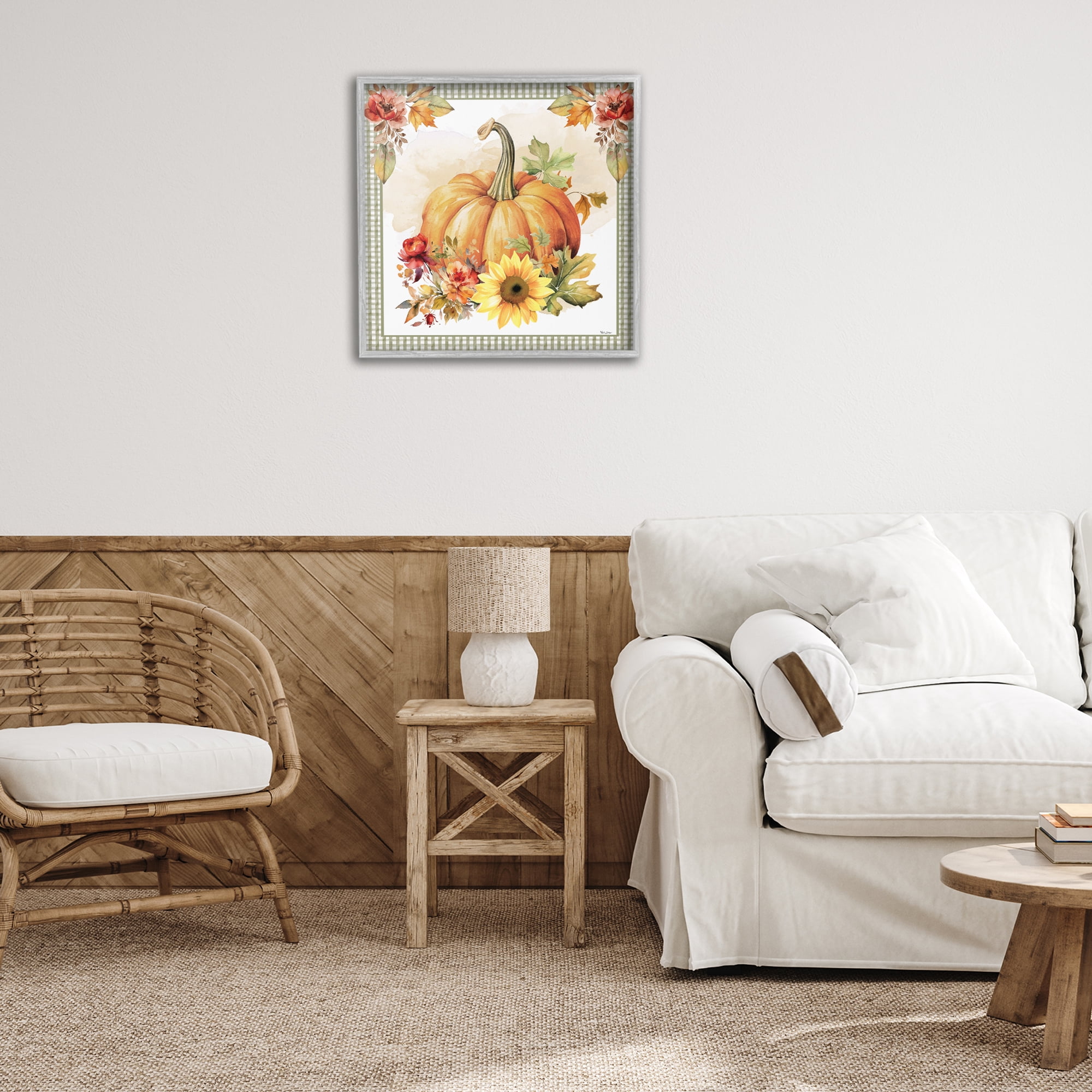 Stupell Industries Gingham Bordered Pumpkin Botanical & Floral Painting Gray Framed Art Prints Wall Art, 24 x 24