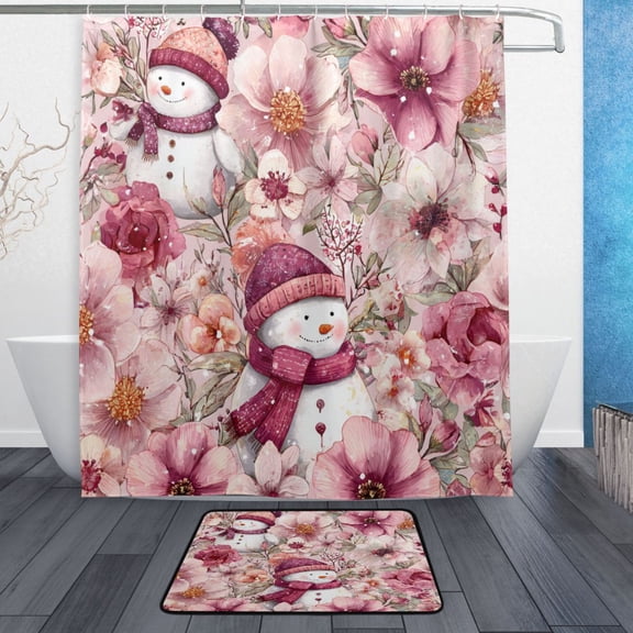 TTYFWHD 60" x 72" Shower Curtain and Bath Mat Set Pink Watercolor Snowmen and Flowers Waterproof Bathroom Curtain with 12 Hooks, Bathroom Decor Set