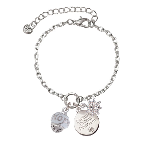 Delight Jewelry Silvertone Hope on White Spinners Silvertone Discover Dream Explore Zoey Charm Bracelet, 6.5 2" Extender