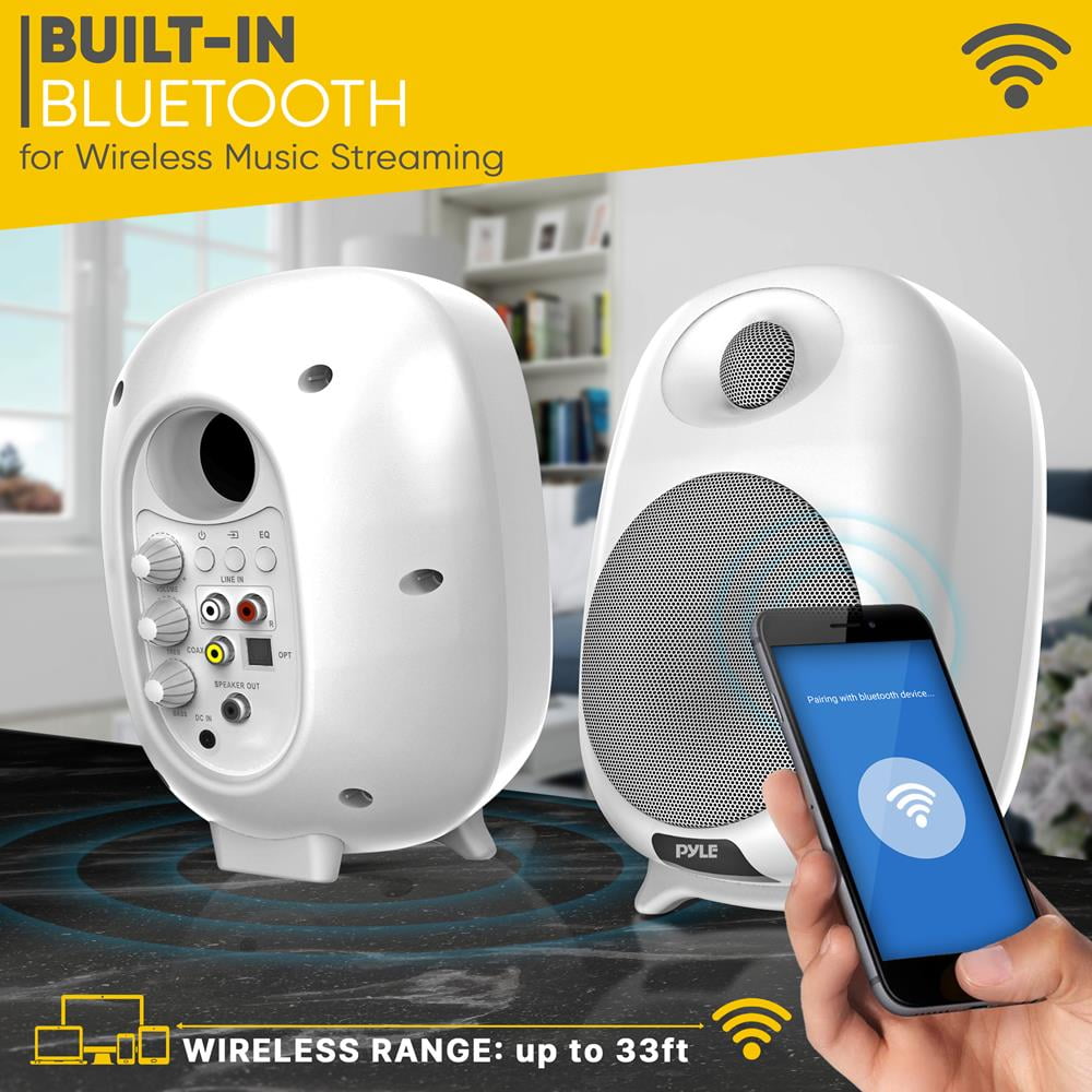 Pyle HiFi 60W Powered Bluetooth Bookshelf Monitor Speaker Set, Optical RCA in, Bass/Treble Adjustable, Deep Bass, 3 Audio Mode, Studio Computer Desk Stereo System, Remote Control, White - PBKSR40WT