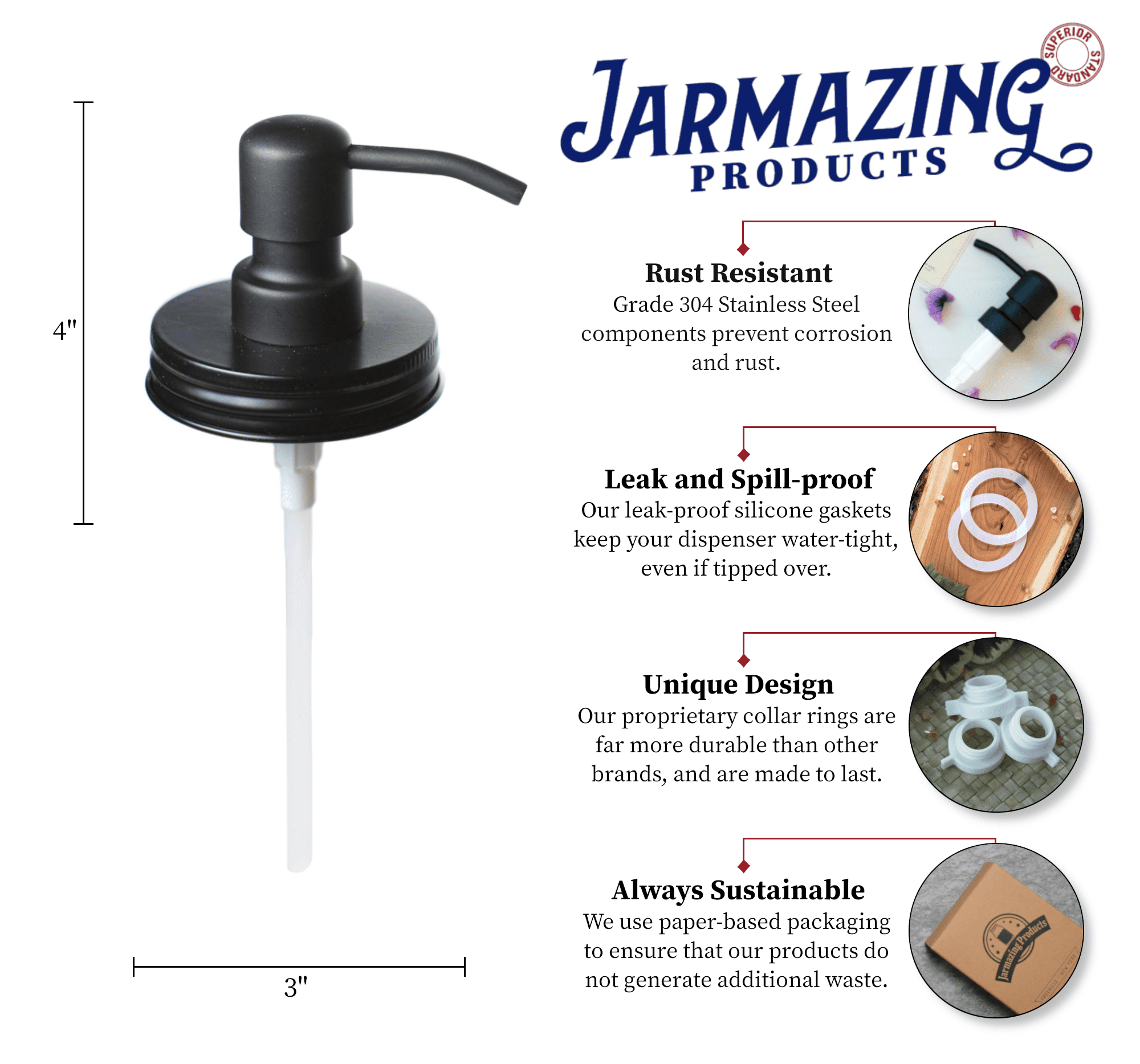 Jarmazing Products Black Mason Jar Soap Dispenser Lids - Two Pack - Made from Rust Proof Stainless Steel