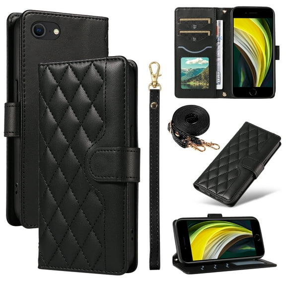 Wallet Case for iPhone 16e with Detachable Wrist Strap & Shoulder Strap, Card Slots Folio Purse Luxury PU Leather Stand Accessories Cell Phone Cover for iPhone 16e Women Men, Black