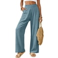 thumbnail image 4 of larppty Women Linen Pants Summer Wide Leg Pants Boho Elastic Waist Pant Flowy Beach Pant with Pockets（Blue， S）, 4 of 8