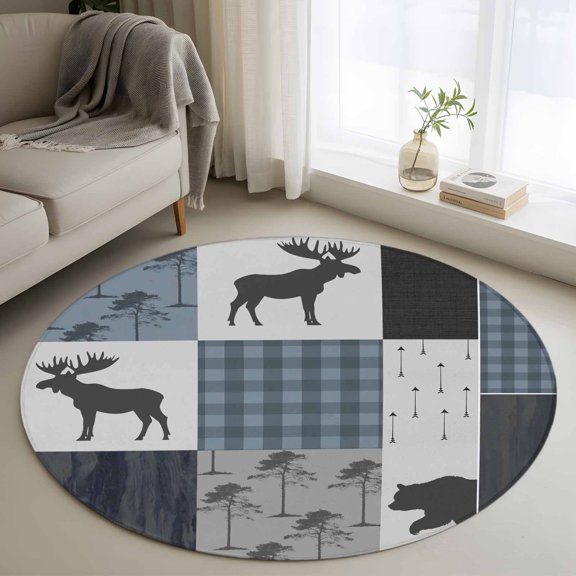 Vintage Plaid Round Area Rug 4 FT, Non Slip Indoor Outdoor Rug, Farmhouse Bear Deer Trees Forest Checked Washable Soft Circular Carpet Non-Shedding Floor Mat for Coffee Table Nursery Foyer Balcony