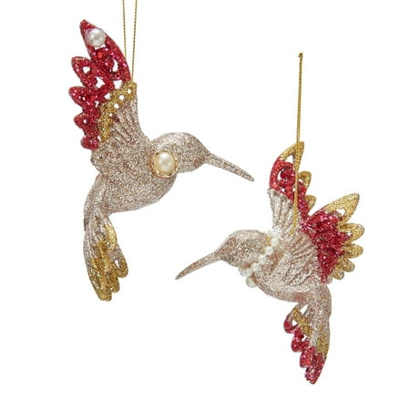 Platinum and Ruby Red Hummingbird Christmas Holiday Ornaments Set of