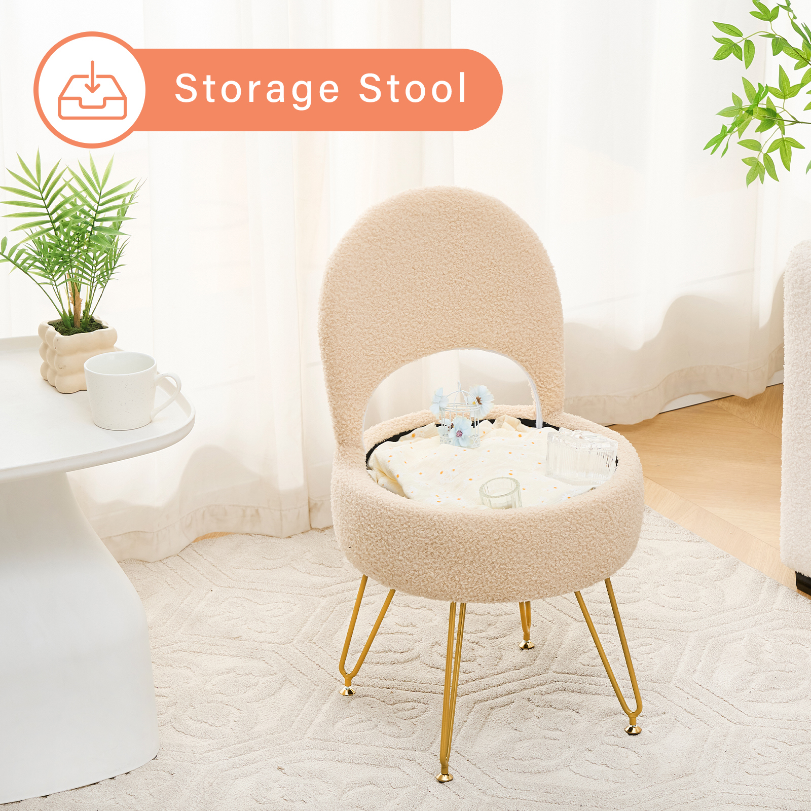 Casa Pura Furniture Modern Teddy Velvet Storage Ottoman Vanity Stool with Folding Back Round Beige 1-Piece