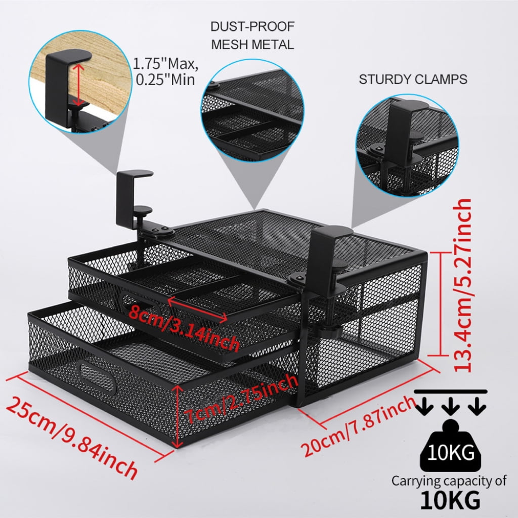 Space Efficient Under Desk Drawer Storage Metal Frame Organizer Two Tiers Basket