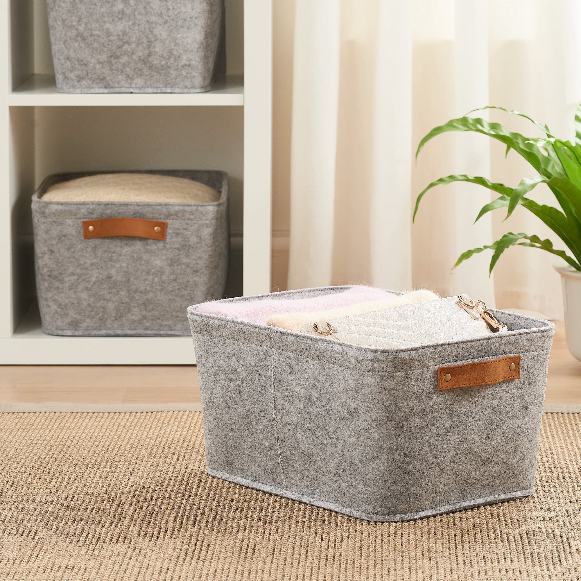 Mainstays Medium Felt Storage Basket, Light Grey, Set of 2