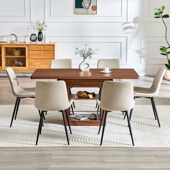 LifeSky Expandable Dining Set for Apartments: 59-71 Inch Pull-Out Table for 4-8 People - 6 PU Chairs with 250lb Comfort & Built-In Storage - Modern Walnut Finish