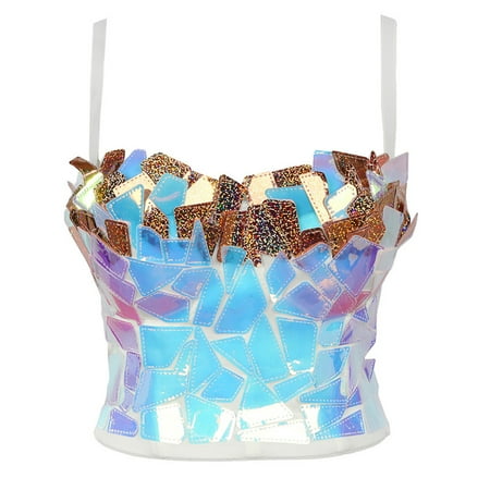 

Women Holographic Rainbow Sequins Bustier Bra Sexy Spaghetti Strap Push Up Corset Camisole Shiny Glitter Colorful Rave Sling Crop Top Vest Clubwear
