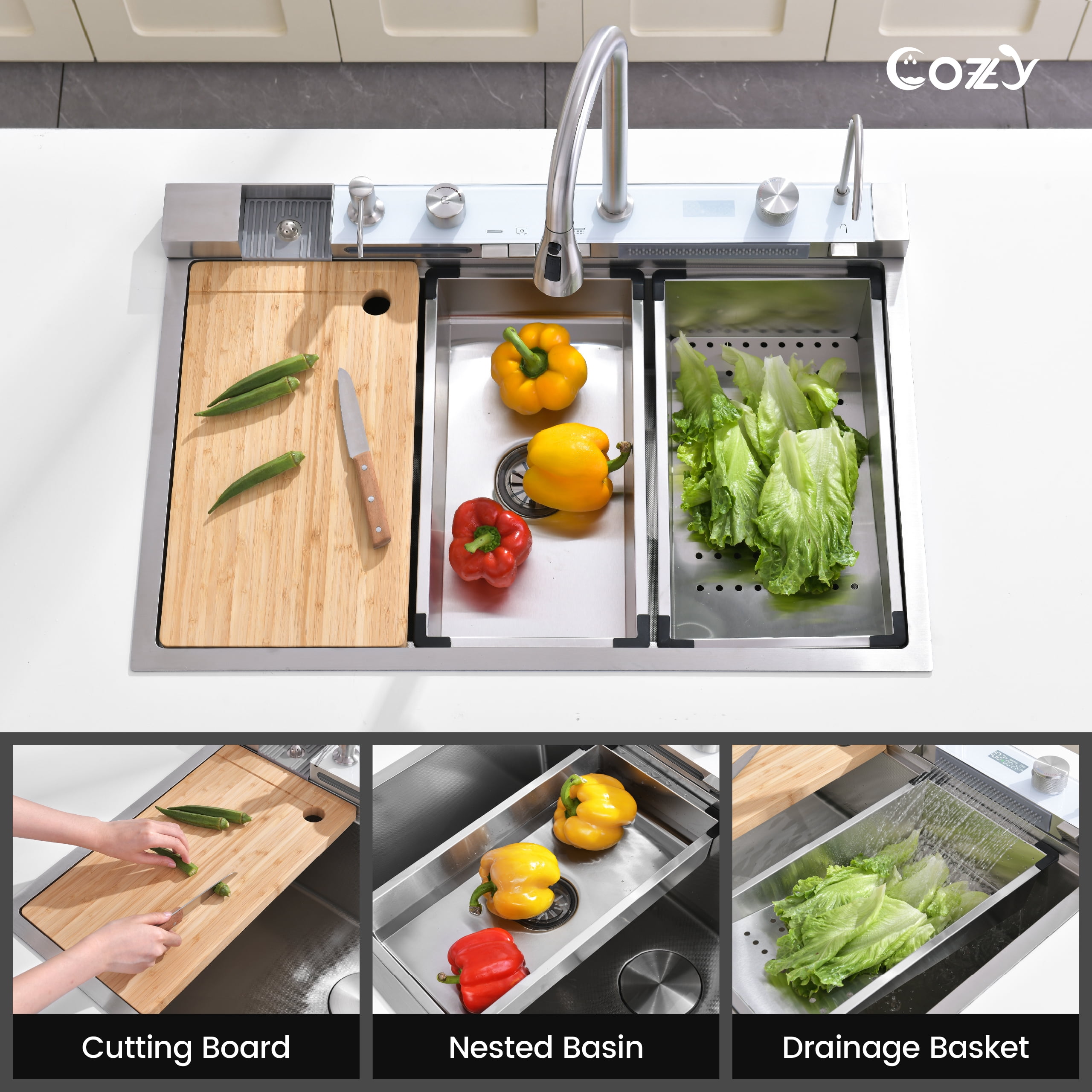 33″×22″ Stainless Steel Single Bowl Kitchen Sink, Brushed Waterfall Workstation with Flying-Rain Faucet, Sprayhead, Cup Washer, 1 pack, SS-BR06-332212