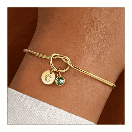 DESIGNICE Birthstone Birthday Gifts for Women, Dainty 14K Gold Plated 12 Months Disc Initial A-Z Birthstone Heart Knot Bangle Bracelet Birthday Bridesmaid Jewelry Gifts for Women