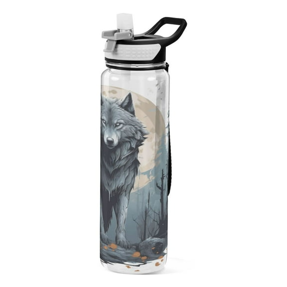 Wolf in Forest 32oz Water Bottles with Straw Tritan Leakproof Sports Bottle BPA Free Clear for Fitness Gym Swimming Cycling