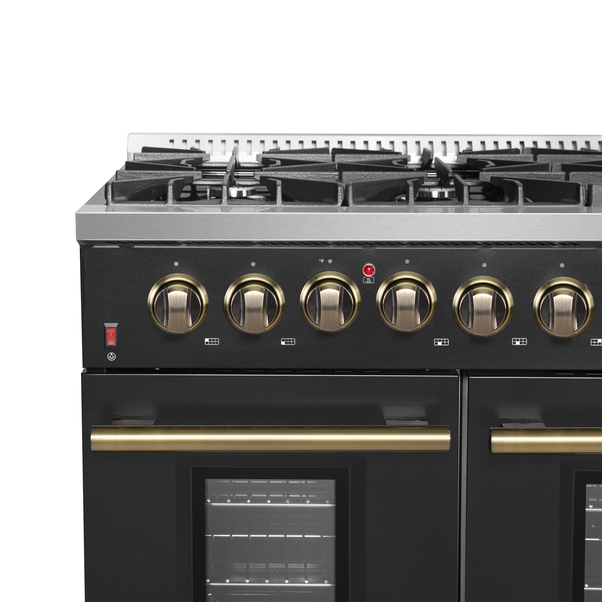 FORNO Galiano 48-inch Gas Range Black  Antique Brass Design, 8 Burners, 107,000 BTU, Griddle, 6.58 cu.ft. Double Ovens