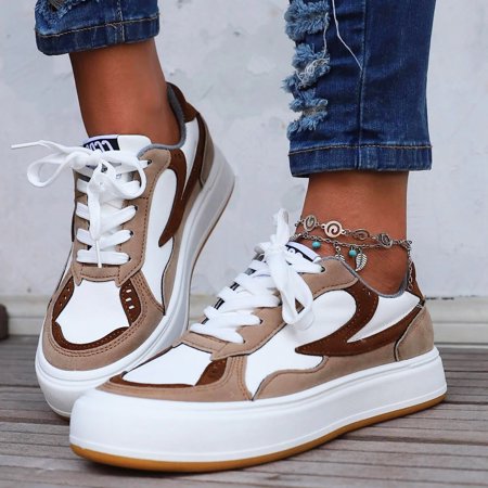 

Casual Shoes for Women Platform Shoes Soft Sneakers Walking Shoes Colorblock Lace Up Front Skate Shoes Flock Khaki casual shoes for Women