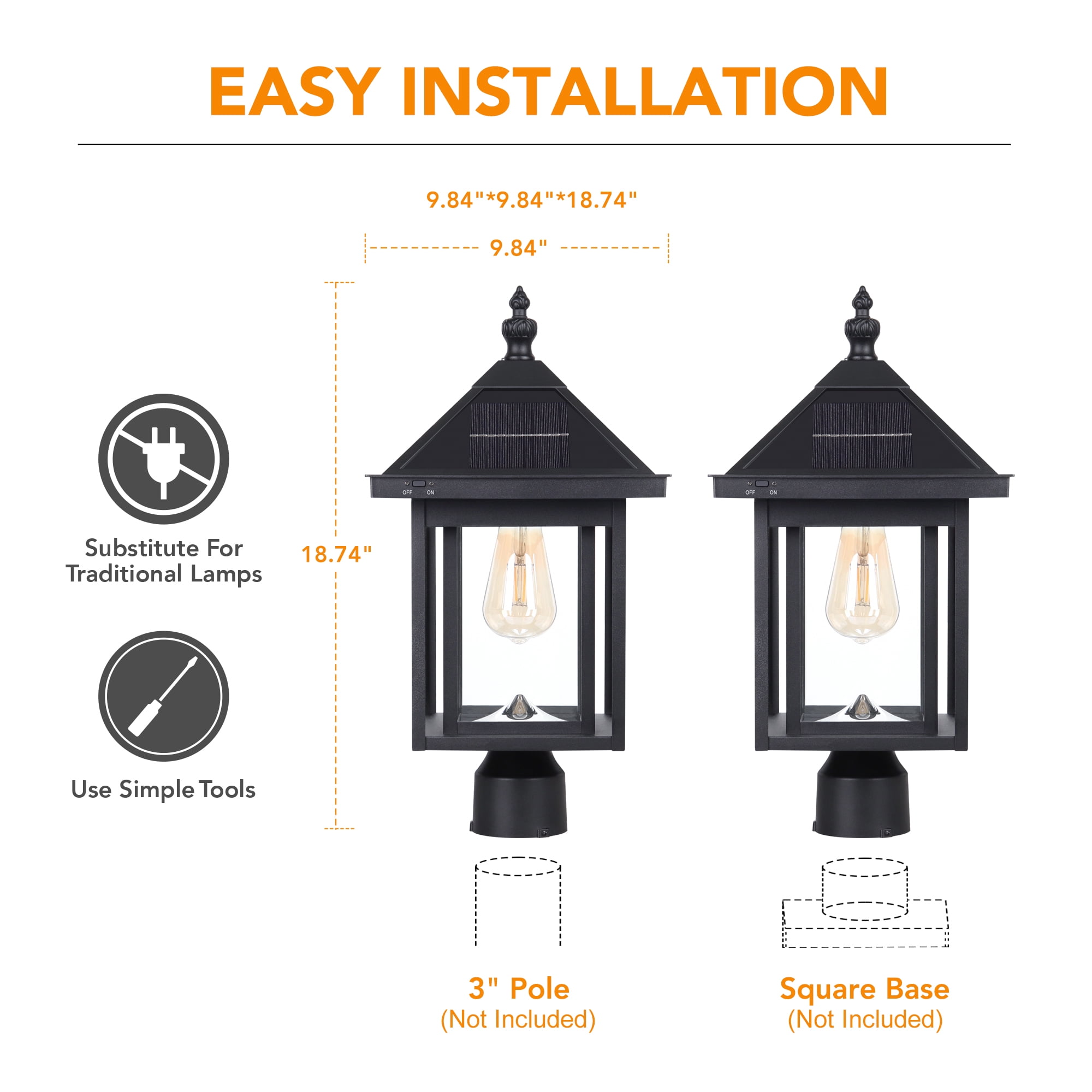 KMC LIGHTING ST4343Q-B Solar Post Lights Outdoor Die-cast Aluminum LED Solar Lamp Post Light Waterproof LED Pillar Lights with Real Glass for Patio Yard Driveway Garden Porch