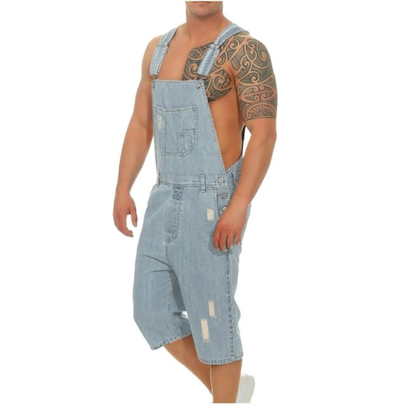 Mens Shorts Bib Overall Casual Fashion Solid Breast Pocket Denim Ripped Shorts Straight Type Overalls