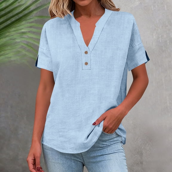 Babysbule Women's V Neck Button Up Cotton Linen Blouse, Casual Short Sleeve Loose Fit Tunic Top for Summer and Spring Daily Wear