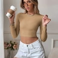 thumbnail image 3 of SWSMCLT Women's Sweater Knit Long Sleeve Crop Top Soft Backless Casual Crewneck Winter Cropped Top Ribbed Khaki Small, 3 of 4