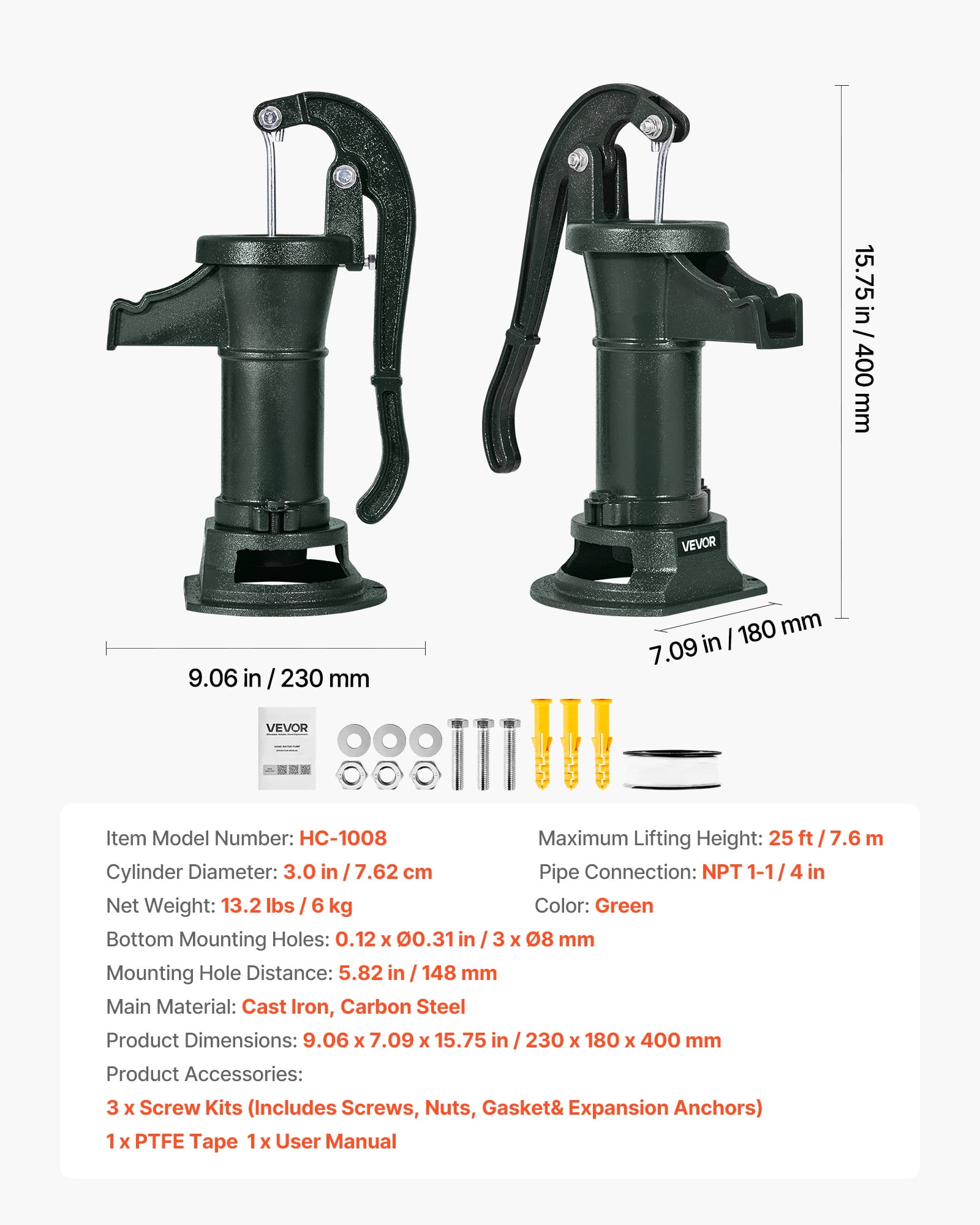 VEVOR Well Hand Pitcher Pump, 25 ft Maximum Lift, Antique Cast Iron Manual Hand Water Pump, NPT 1-1/4 in Connection, Easy Installation, Old Fashioned for Outdoor Garden, Pond, Backyard, Farm, Green