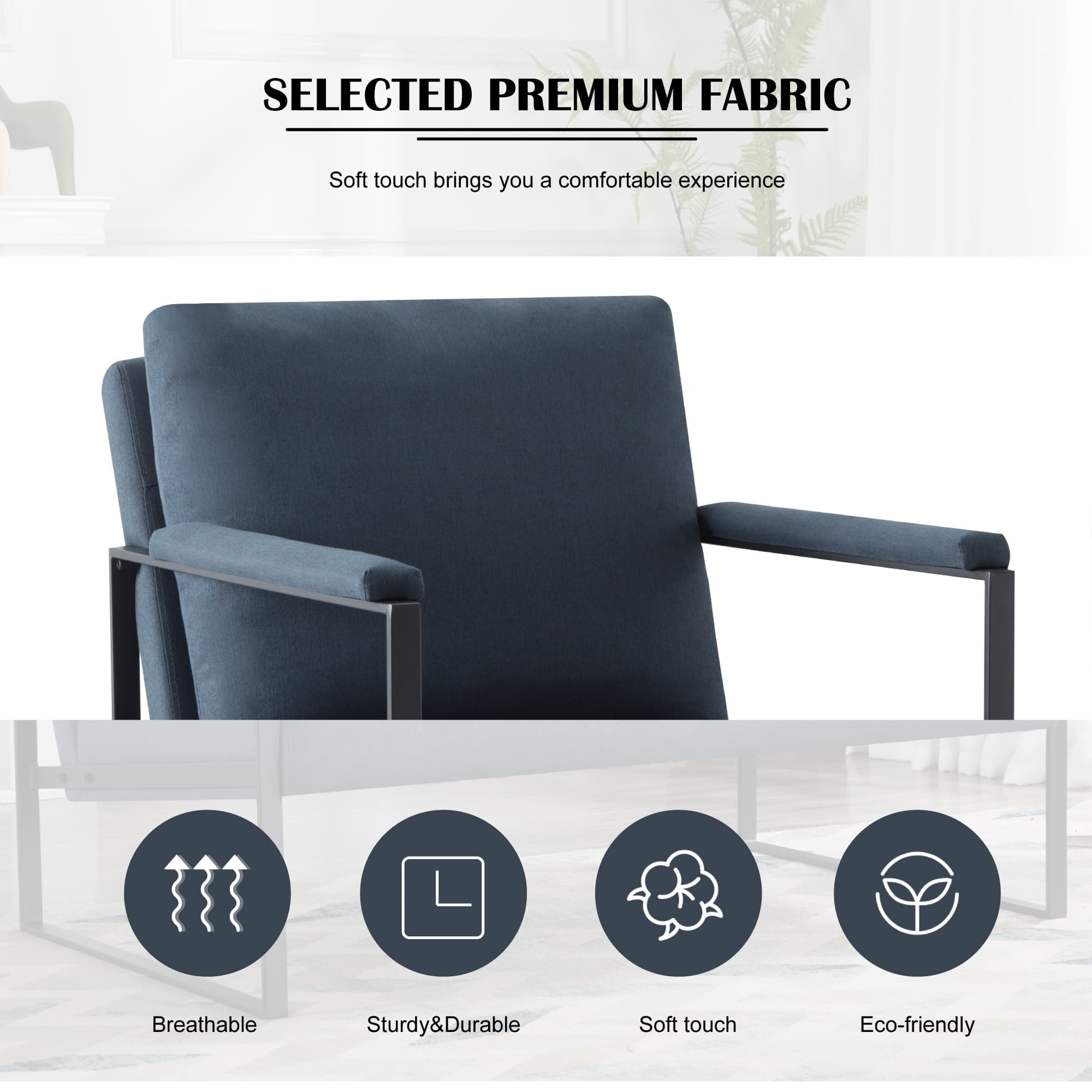 BSHTI Linen Blend Upholstery Accent Armchair,Metal Frame,Square Arms with Padding,Removable Back Cushion,Easy to Assemble,Dark Blue