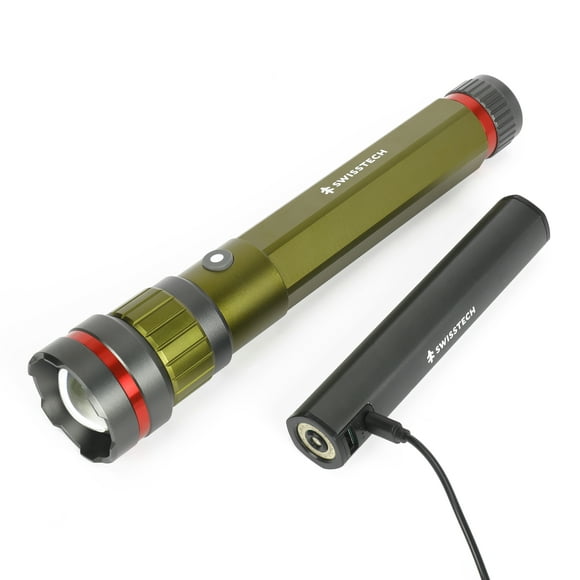 Swiss Tech 6500 Lumen LED Flashlight Rechargeable Dual Power AA/USB with Charging Bank, IP67 Waterproof, Drop Resistant