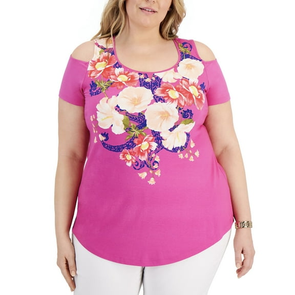 JM Collection Women's Tropic Floral Cold-Shoulder Top Plus Size 4X