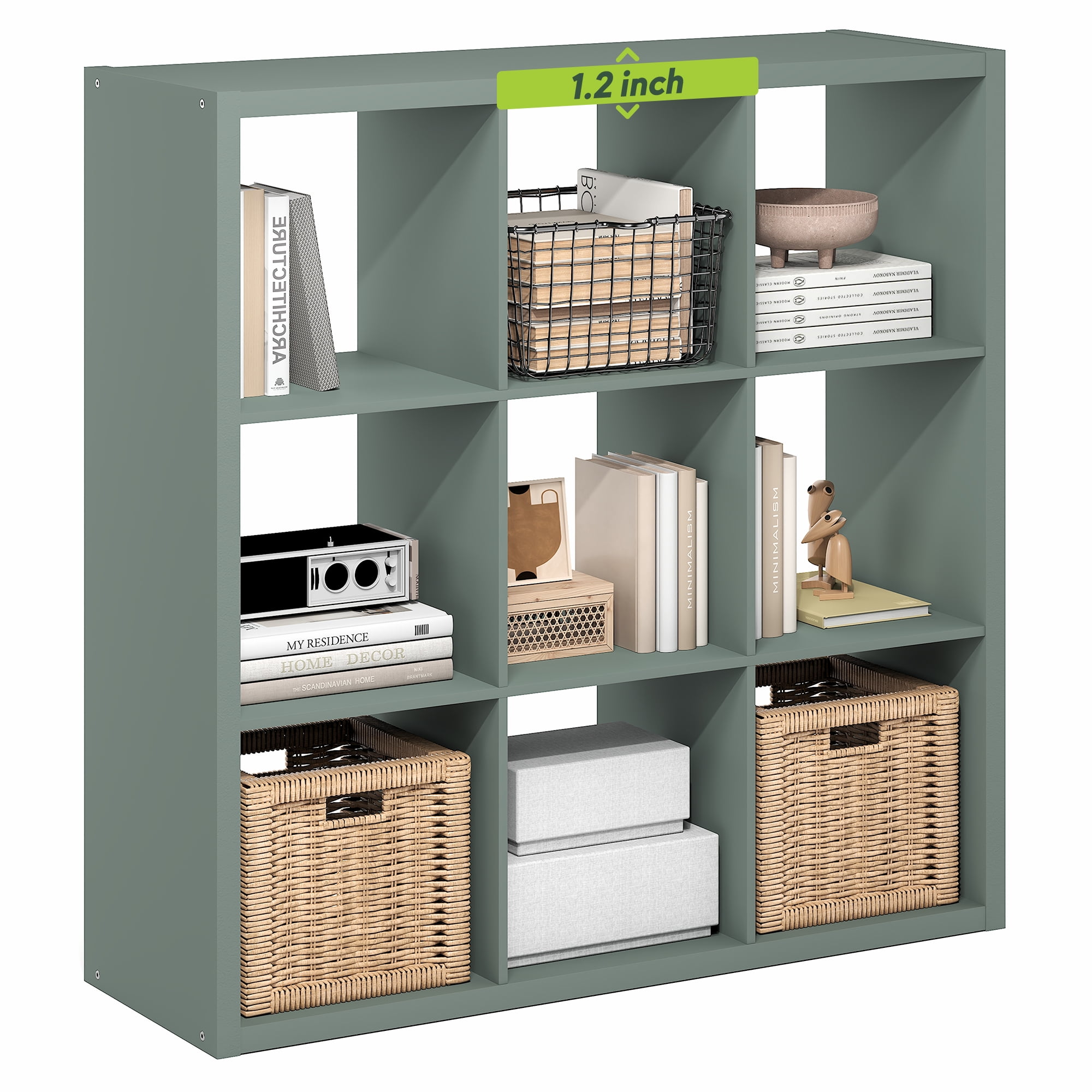 Furinno CUBICLE Book Shelf, 9-Cube Thick Frame Bookshelf, Reversible Bookcase with Open Back, 14.6" x 43.8" x 43.8", for Living Room, Bedroom, Home Office, Sage Green