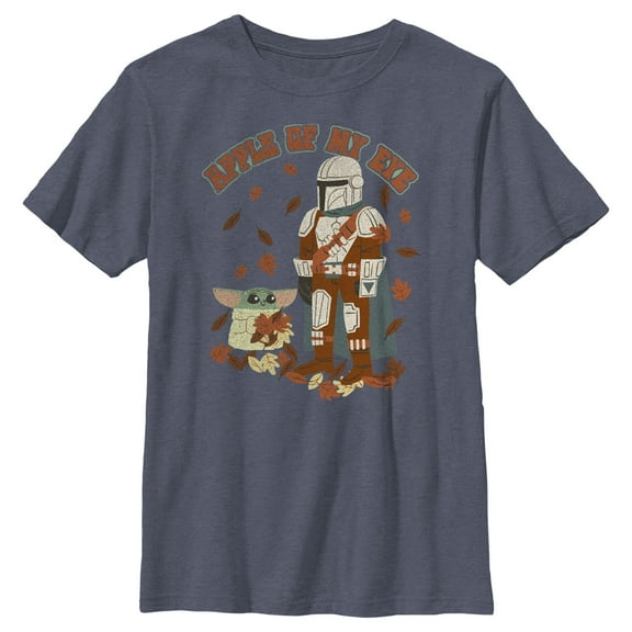 Boy's Star Wars: The Mandalorian Grogu and Din Djarin Fall Leaves Apple of my Eye Graphic Tee Navy Blue Heather Large