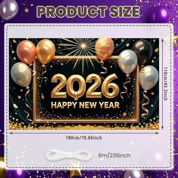 Gold Glitter 2026 New Year Banner Balloon Decor Happy New Year Banner Shiny Design Black Background Festive Banner for New Year Party Family Gathering Office Decoration