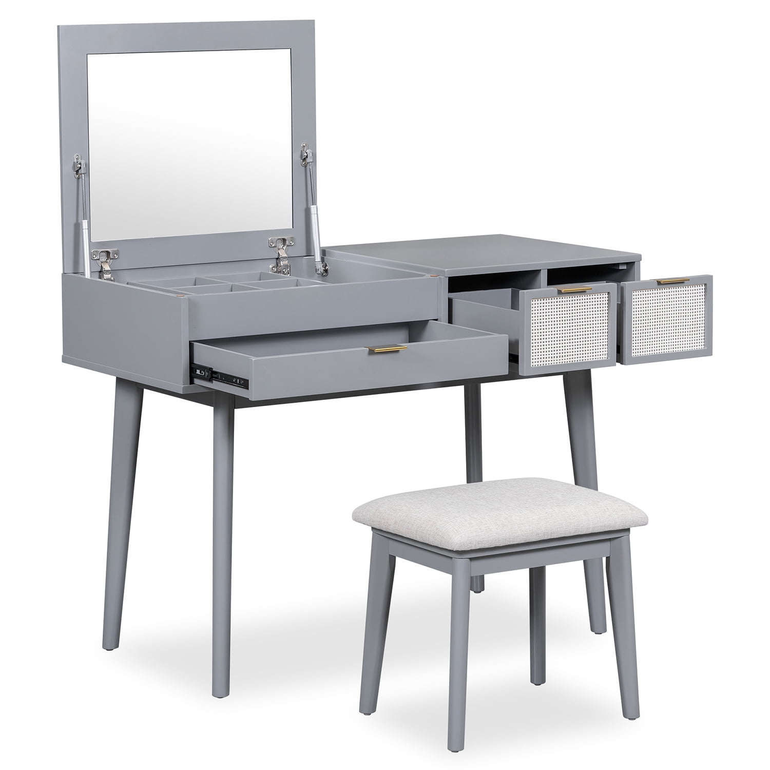 Resenkos 43.3" Classic Wood Makeup Vanity Set with Flip-top Mirror and Stool, Dressing Table with 3 Drawers, Gray Resenkos 43.3" Classic Wood Makeup Vanity Set with Flip-top Mirror and Stool, Dressing Table with 3 Drawers, Gray