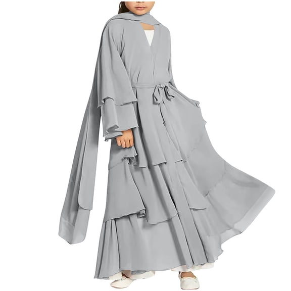 Girls Gray Boho Maxi Dress 3-Piece Set with Headscarf & Pockets, Long Sleeve V-Neck Party Dress Outfit for Holiday, Sizes 5-14Y,Size 11-12 T