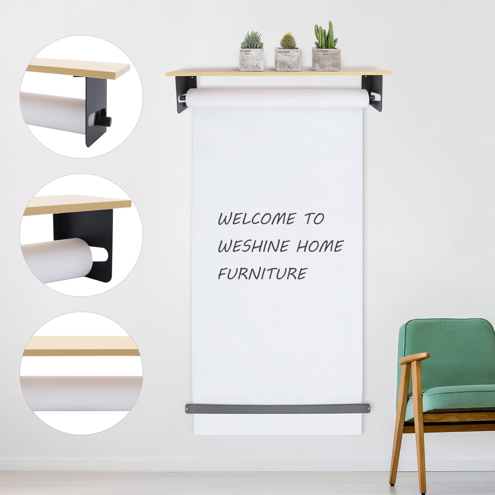 24'' Paper Roll Cutter Wall Mounted Kraft Paper Dispenser Cutter Wood Floating Shelf