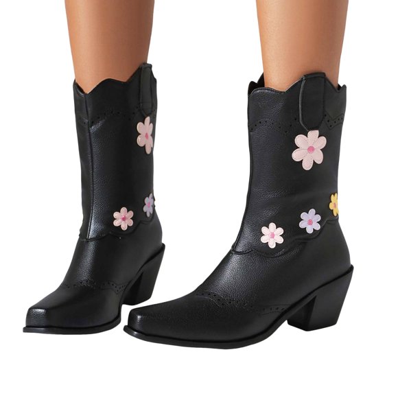 Flower Cowboy Boots for Women Black White Leather Fashion Square Toe Stacked Chunky Heels Pull on Mid Calf Dress Cowgirl Boots