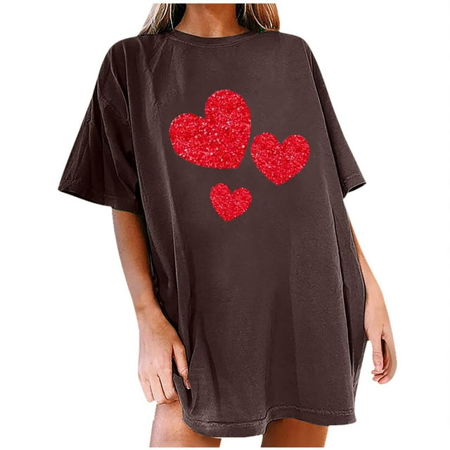Diufon Hauts de la Saint-Valentin pour Femmes, Manches Courtes, Col Rond, Pull Tendance, Blouse Longue Imprimée à Sequins