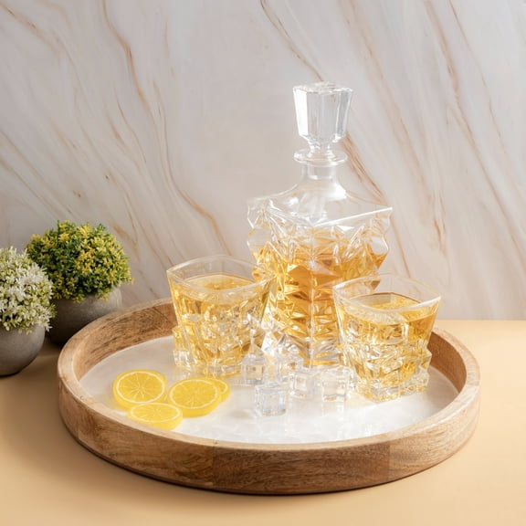 BIDK Home Handcrafted Round Mango Wood Tray - 16" - Brown and White