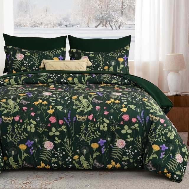 Juego de edredón Yiran Queen con estampado floral verde oscuro, 7 piezas