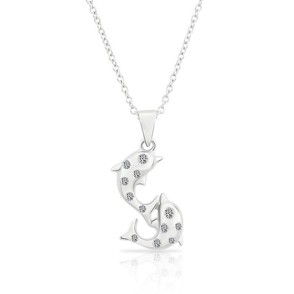 Tilo Jewelry .925 Sterling Silver Twin Dolphin Pendant Necklace with Cubic Zirconia CZ Stones | 18 Inch | Women & Unisex
