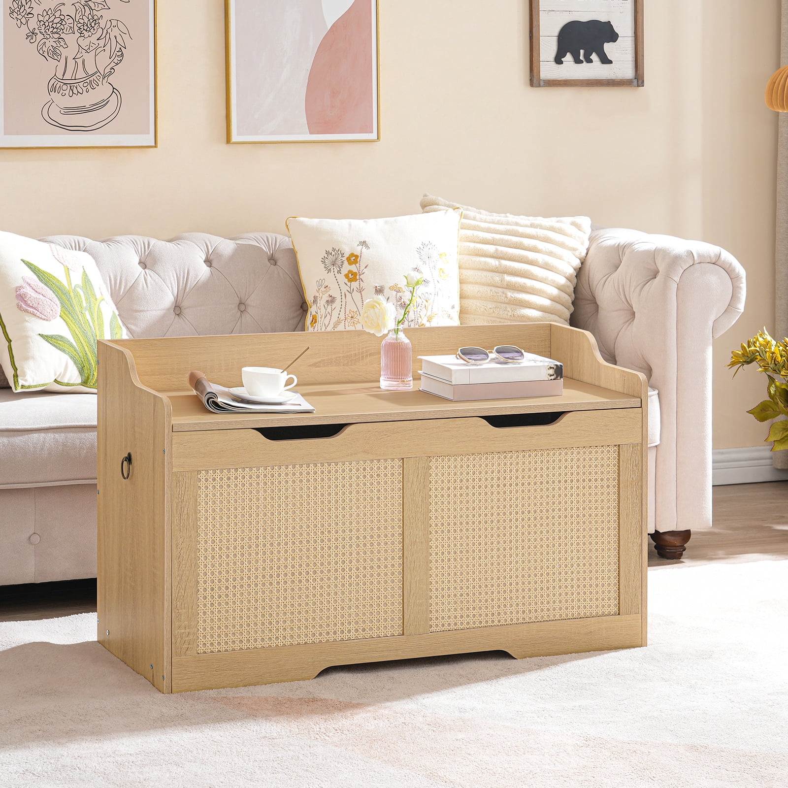 HOOBRO 39.4" Long Storage Chest, Large Storage Box, Toy Chest with Faux Rattan Decoration, Toy Box Organizer, Shoe Bench, with Safety Hinge and U-Shaped Cutouts, Living Room NL82CW01